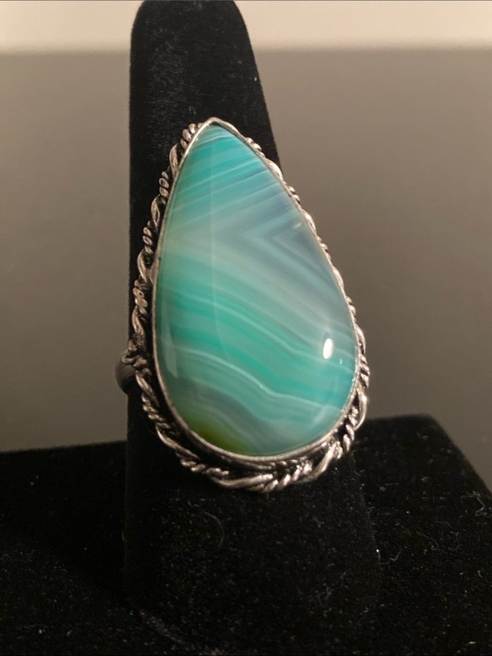 Teardrop Green Agate Silver-Trim Statement Ring - Women Jewelry size 9